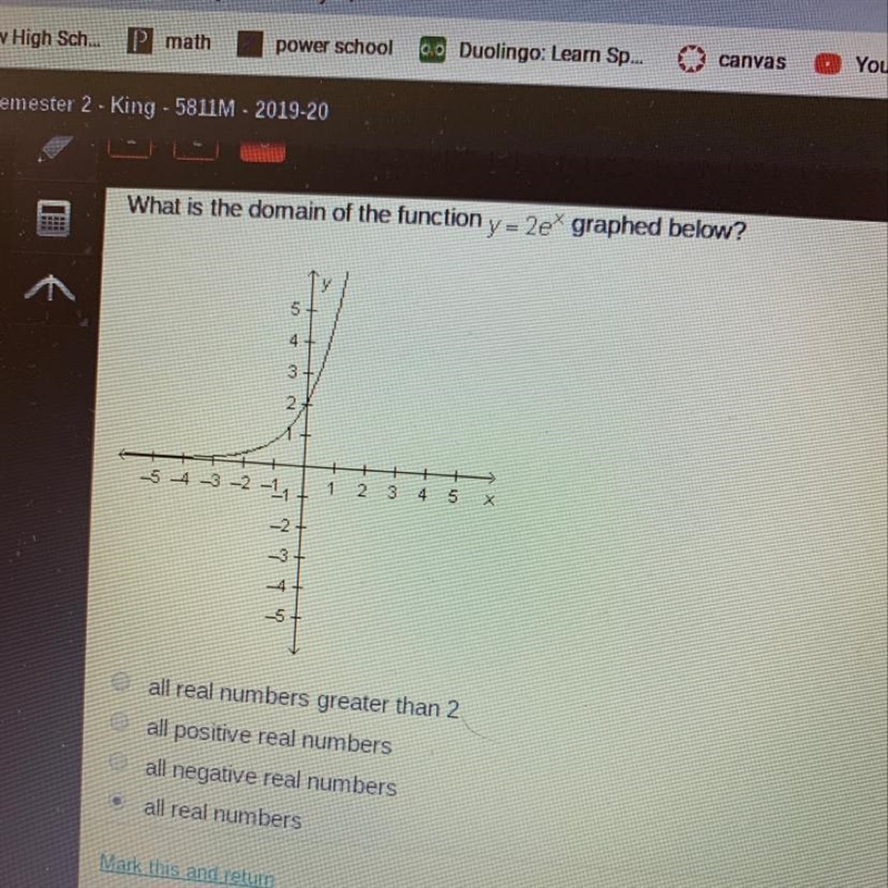 What is the domain of the function y=2ex graphed below?-example-1