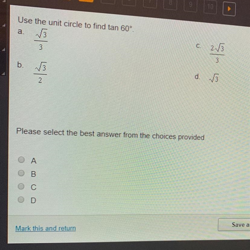 Need help please!!! Use the unit circle to find tan 60°-example-1