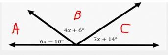 I got 3 angles and they make 180° angle A is 6x - 10°. Angle B is 4x + 6°. And Angle-example-1