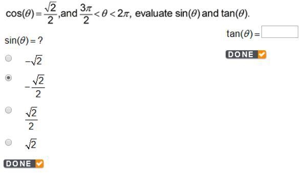 Cos (theta) = square of 2 / 2, and 3*pi/2 < theta < 2*pi, evaluate sin (theta-example-1