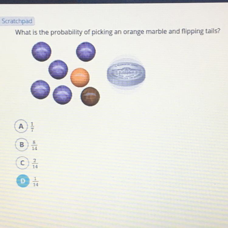 What is the probability of picking an orange marble and flipping tails?-example-1