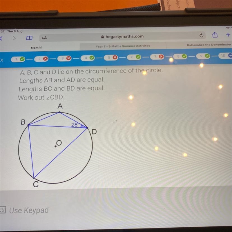 A, B, C and D lie on the circumierence of the circle. Lengths AB and AD are equal-example-1