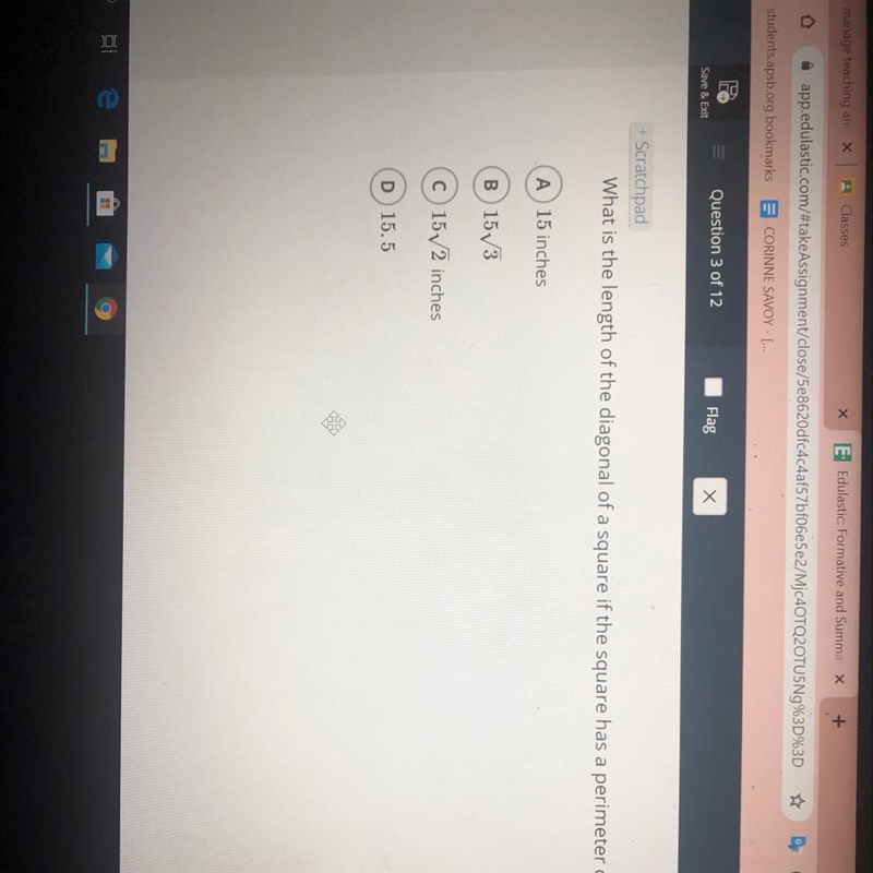 What is the length of the diagonal of a square of the square has a perimeter of 60 inches-example-1