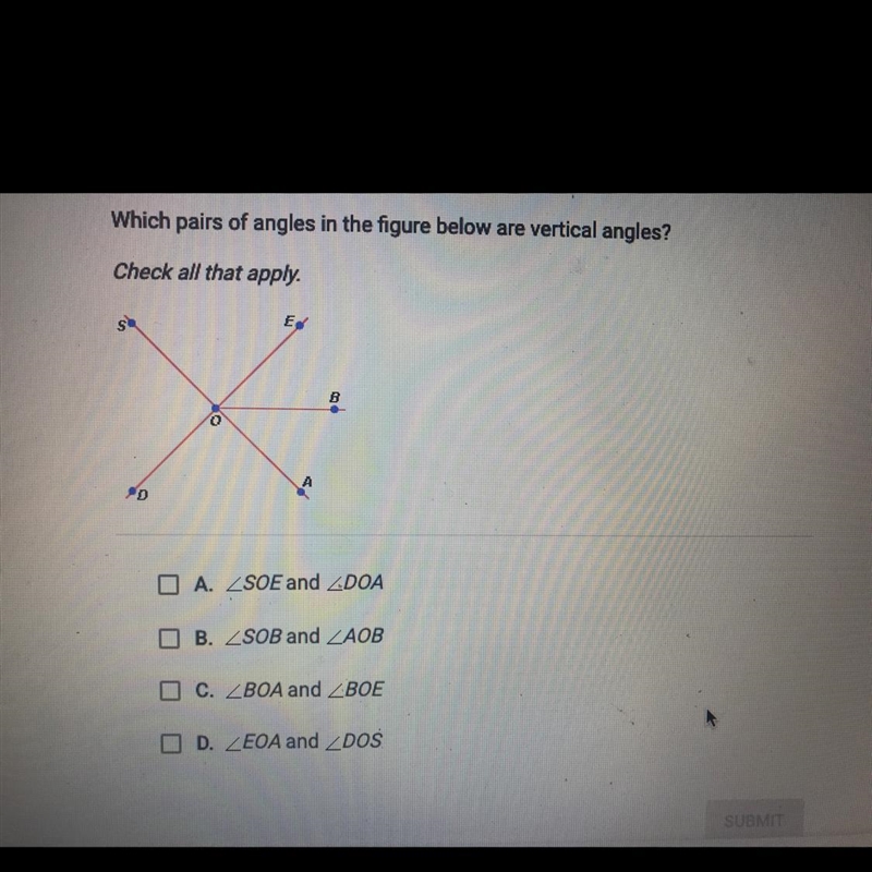 Which pairs of angles in the figure below are vertical angles? Check all that apply-example-1