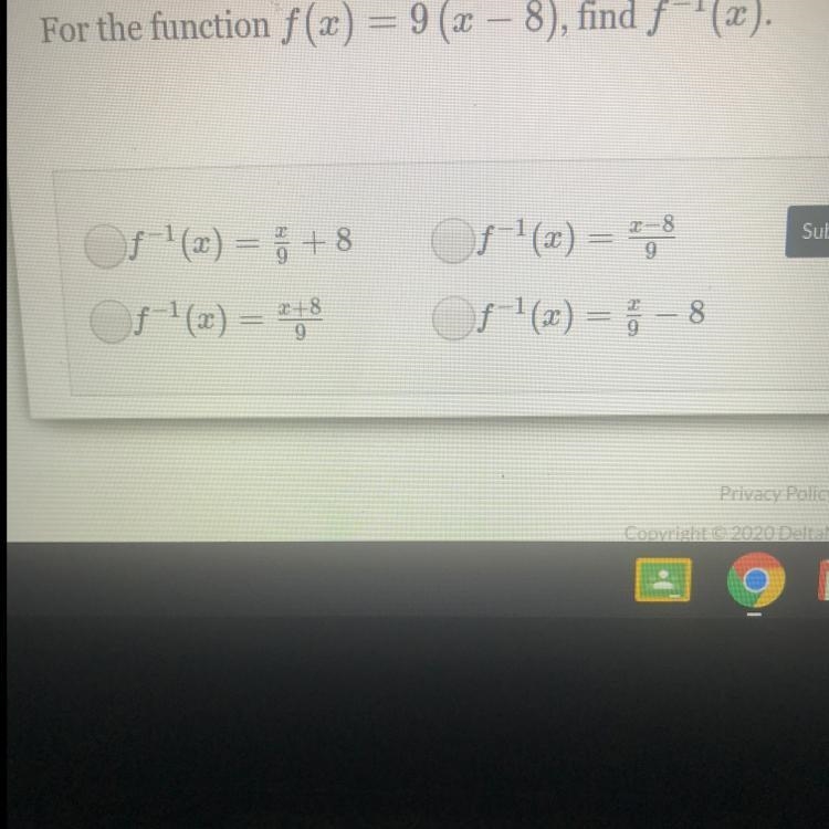 Multi-step Function Inverses (Level 1) For the function f(x)=9 (x-8), find f^-1 (x-example-1