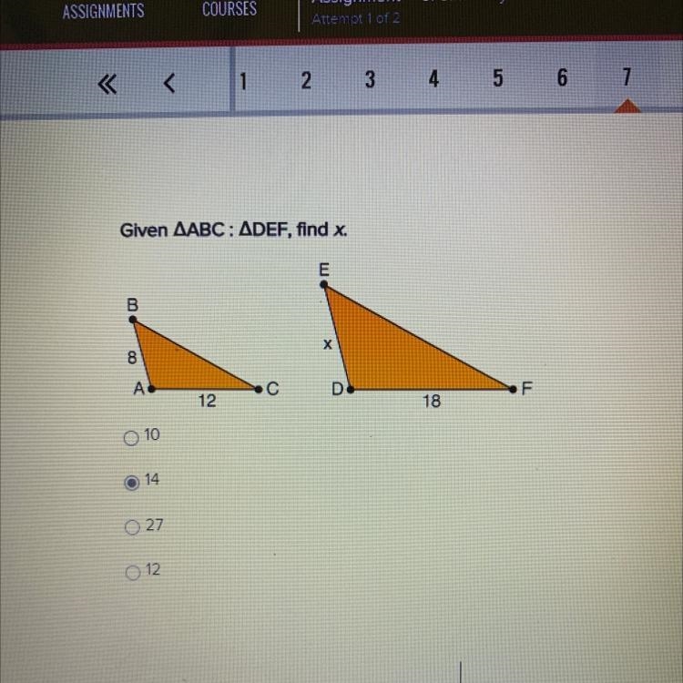 Given AABC: ADEF, find x.-example-1