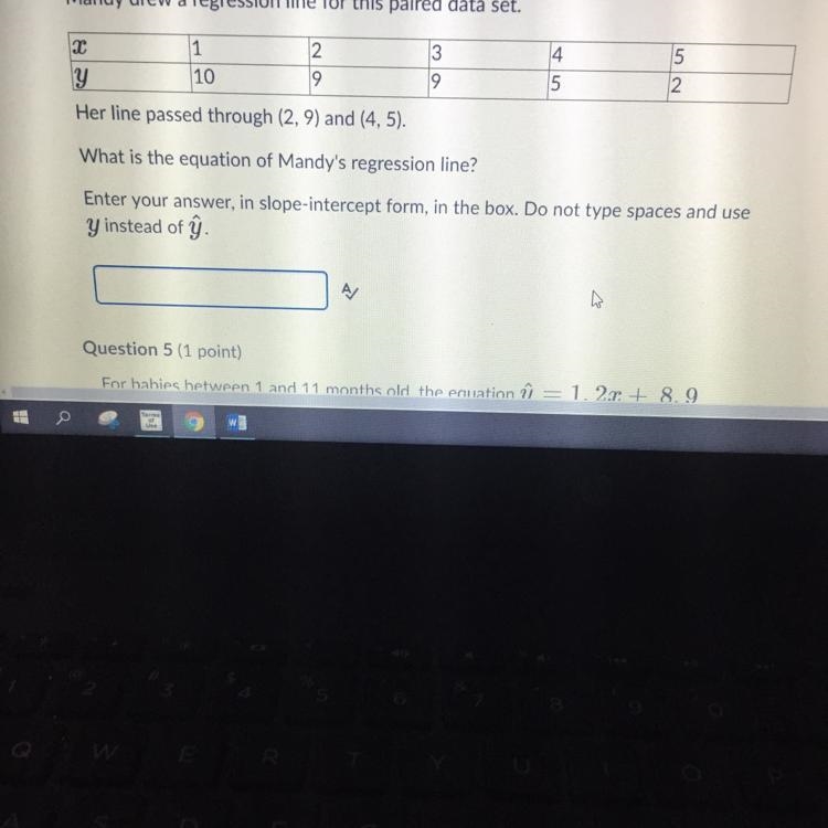 Mandy drew a regression line for this paired data set. Her line passed through (2, 9) and-example-1