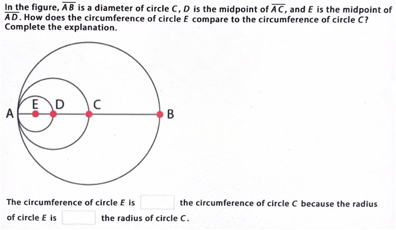 How does the circumference of circle E compare to the circumference of circle C? Complete-example-1