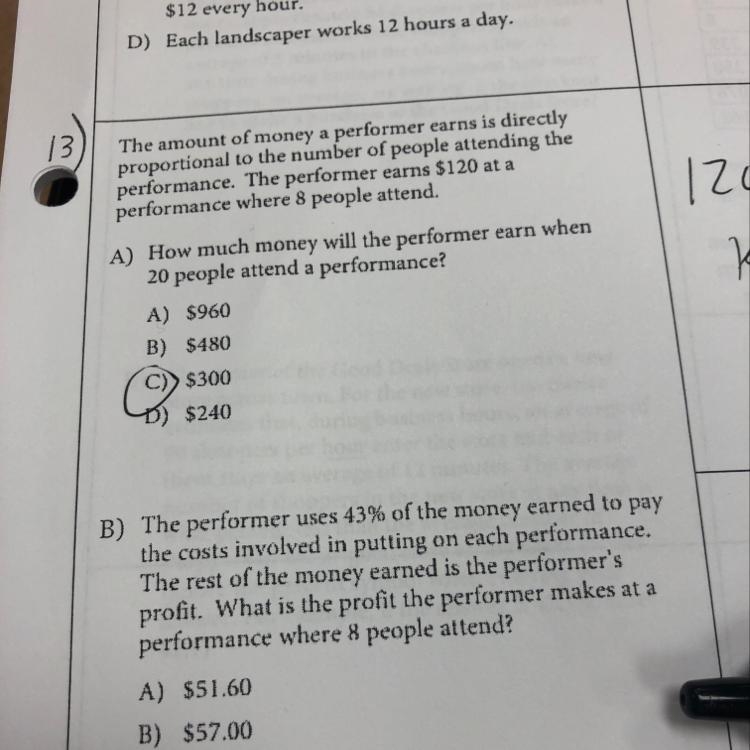 What is the profit the performer makes at a performance where 8 people attend?-example-1