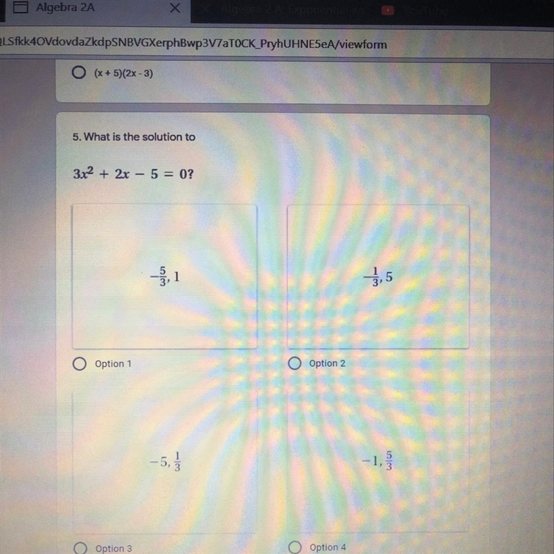 What is the solution to 3x^2+2x-5=0? Please help please show your work-example-1