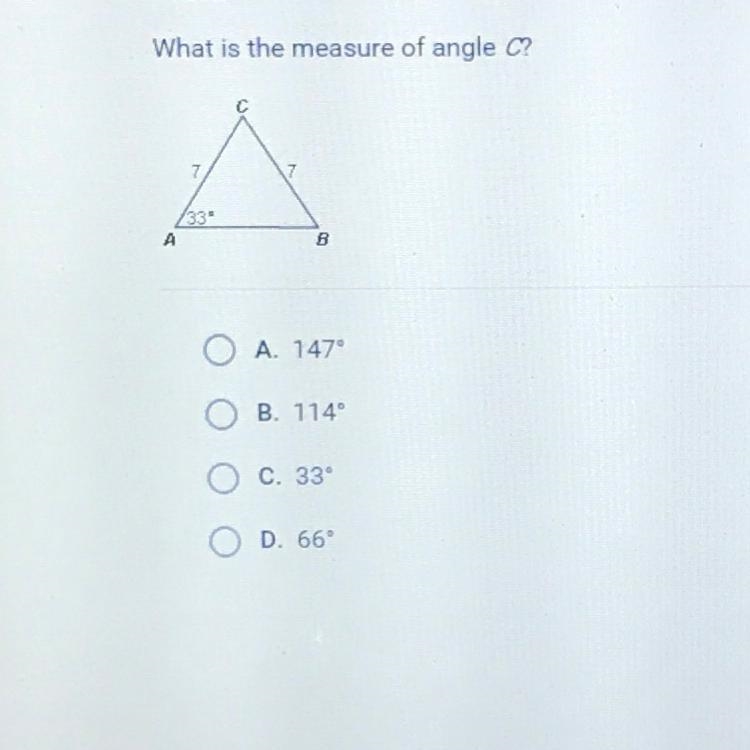 What is the measure of angle C? A. 147° B. 114 c. 33 D. 66-example-1