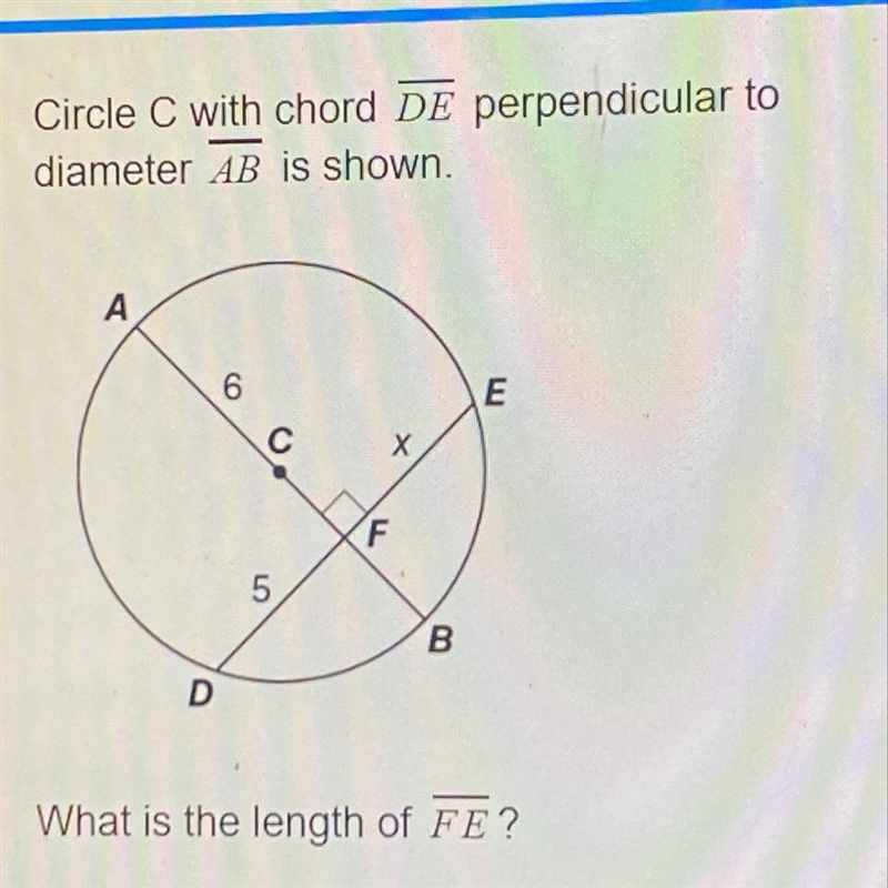 Circle C with chord DE perpendicular to diameter AB is shown. What is the length of-example-1