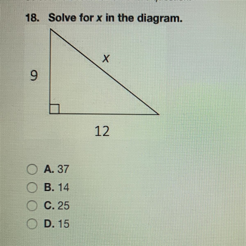 Solve for x in the diagram A. 37 B. 14 C. 25 D. 15-example-1