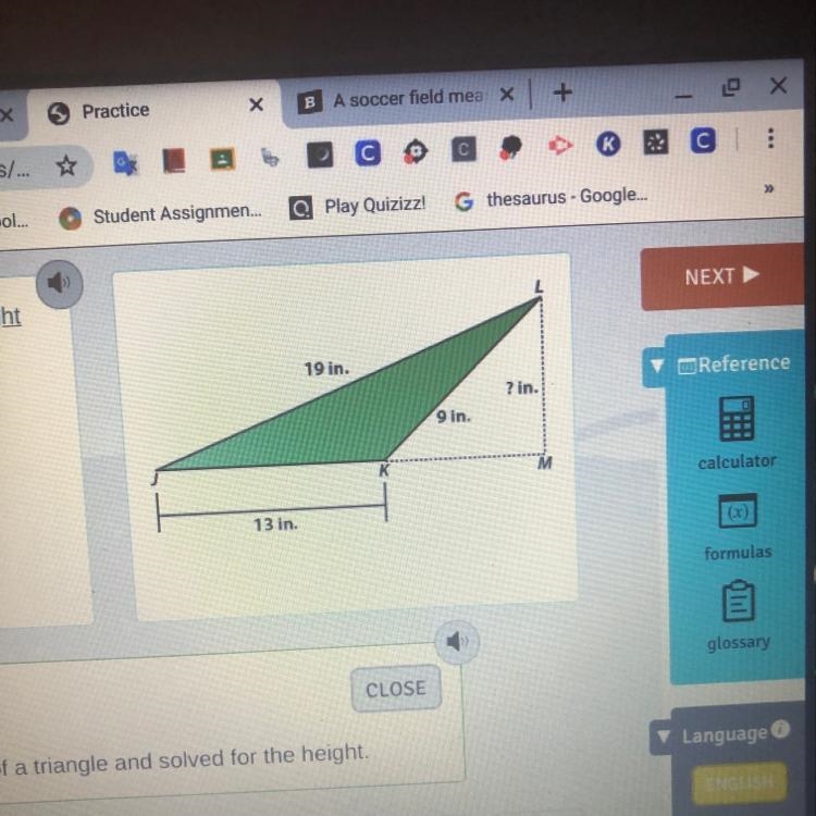 The triangle shown has an area of 52 square inches. Find the measure of the height-example-1