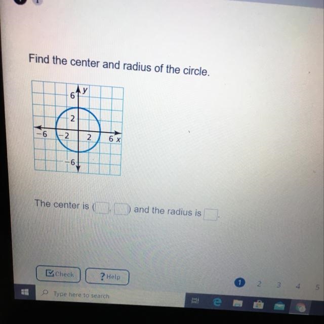 Find the center and radius of the circle. AY 6 N -6 -2 6 x N -61 The center is O, and-example-1