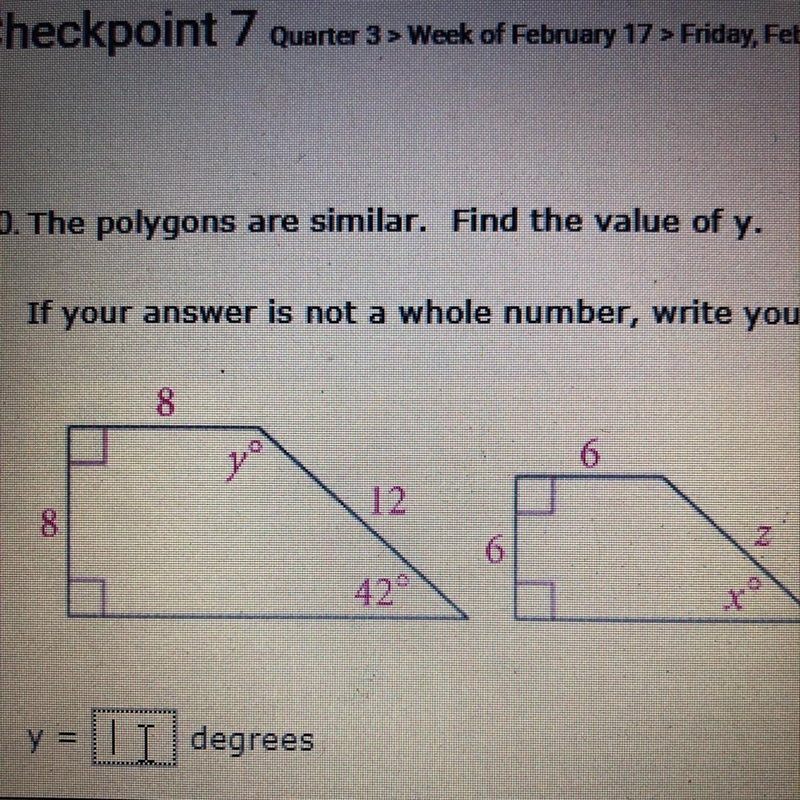 The polygons are similar. Find the value of y.-example-1