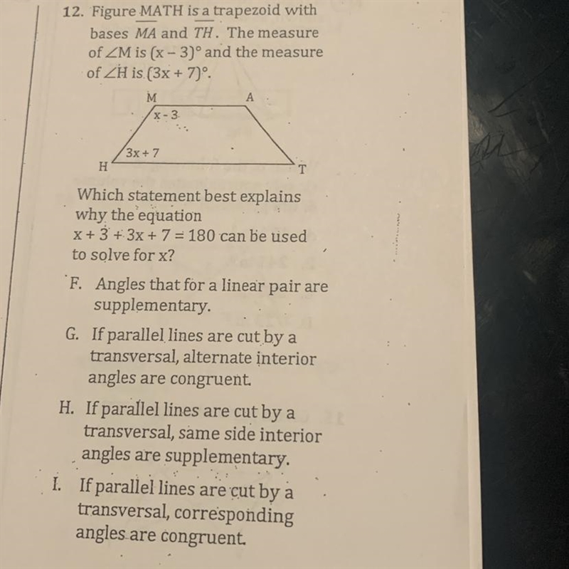 Which statement best explains the equation x+3+3x+7=180 can be used to solve for ?-example-1