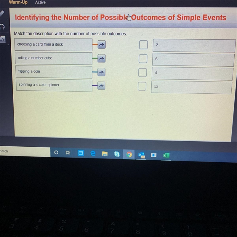 Match the description with the number of possible outcomes. choosing a card from a-example-1