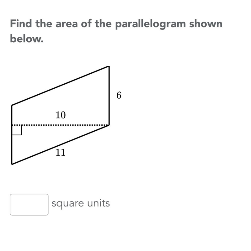 Find the area of the parallelogram shown below. help please!-example-1