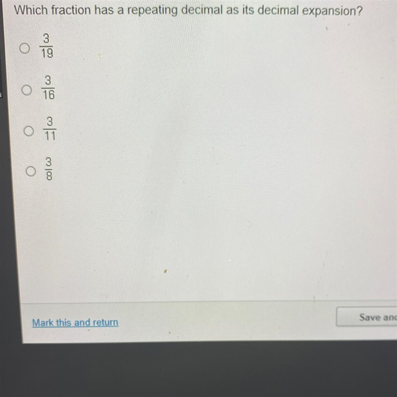 Which fraction has a repeating decimal as its decimal expansion?-example-1