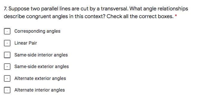 Suppose two parallel lines are cut by a transversal. What angle relationships describe-example-1