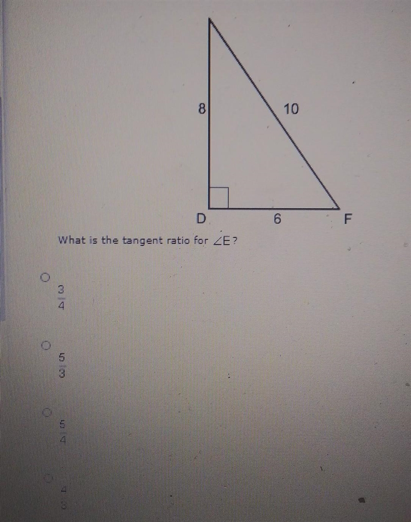 What is the tangent ratio of E L? A. 3/4 B. 5/3 C. 5/4 D. 4/3​-example-1