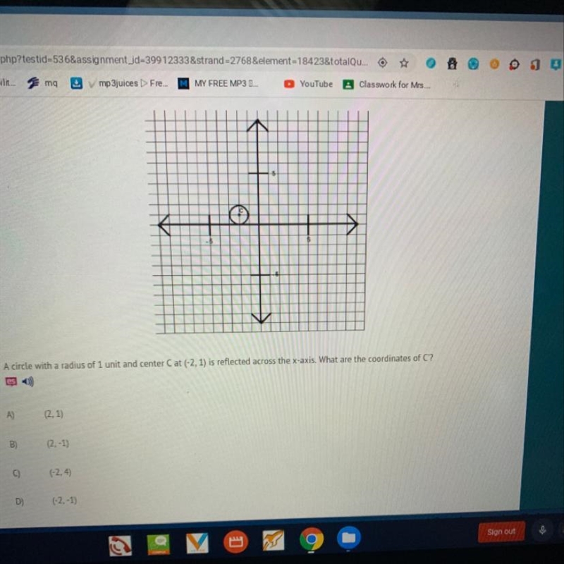 A circle with a radius of 1 unit and center C at (-2, 1) is reflected across the x-example-1