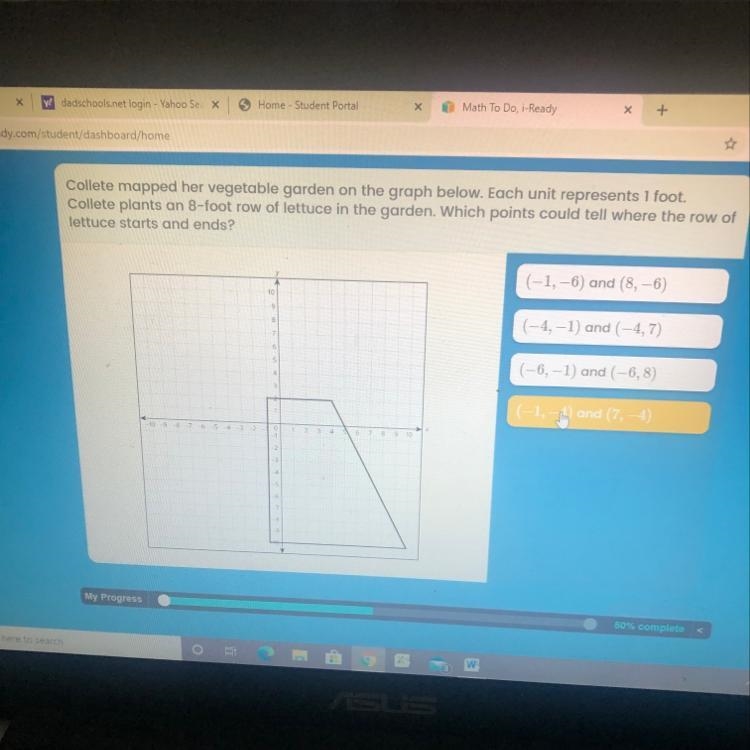 Collete mapped her vegetable garden on the graph below. Each unit represents 1 foot-example-1