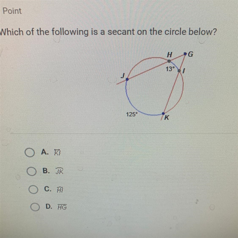 Which of the following is a secant on the circle below?-example-1