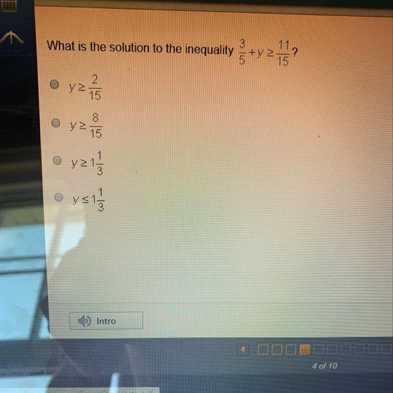 What is the solution to the inequality 3/5+y >|11/5? Y>| 2/15. Y>| 8/15. Y-example-1