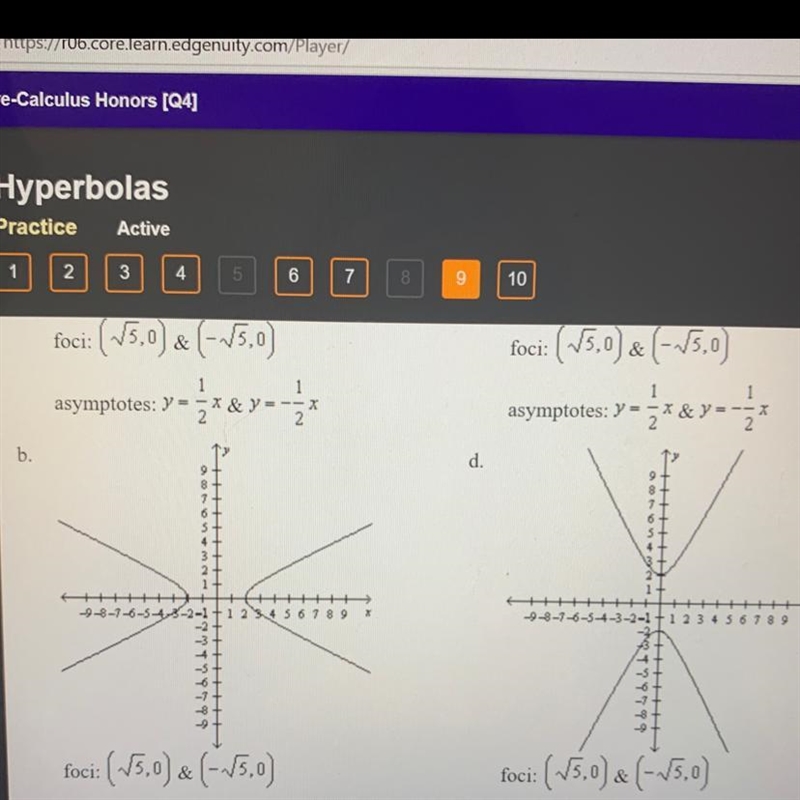 Determine the graph foci and asymptote equation of x^2/4-y^2=1-example-1