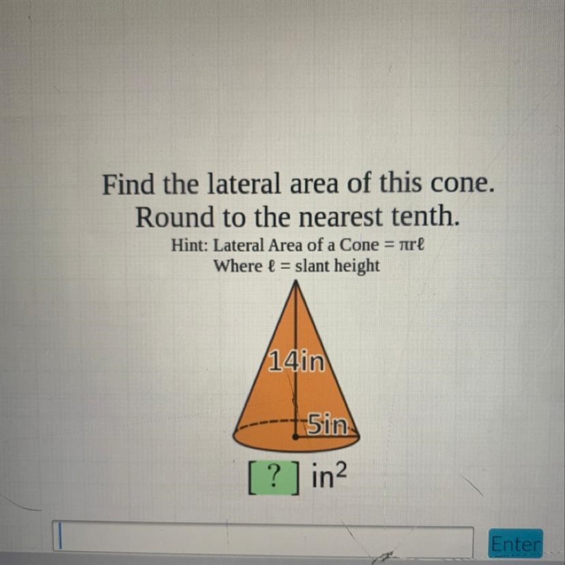 Help Find the lateral area of this cone. Round to the nearest tenth.-example-1