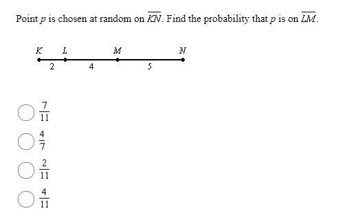 10 POINTS!! Point p is chosen at random on KN. Find the probability that p is on LM-example-1