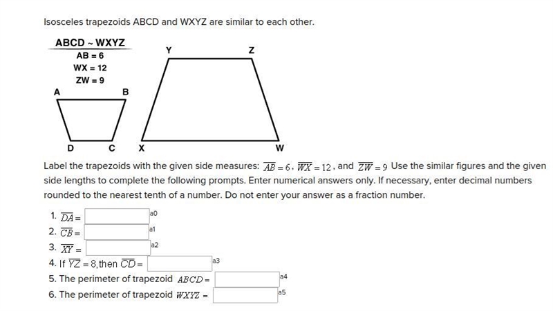 Label the trapezoids with the given side measures: , and Use similar figures and the-example-1