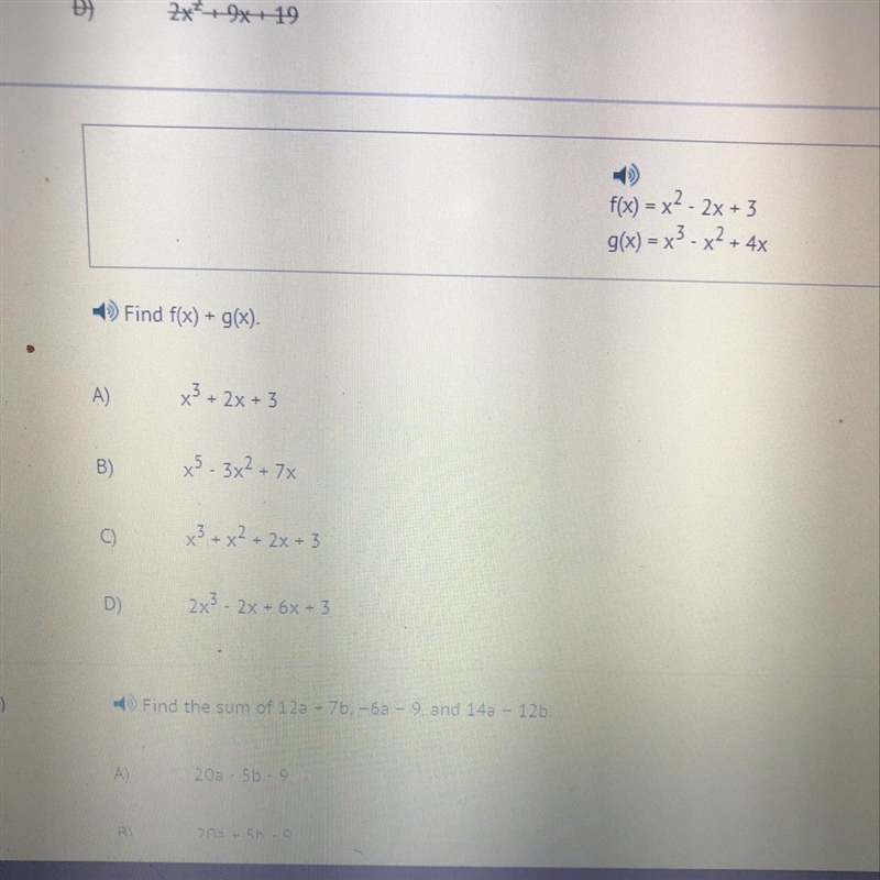 PLEASE HELP f(x) = x^2 -2x + 3 g(x) = x^3 - x^2 + 4x find f(x) + g(x)-example-1