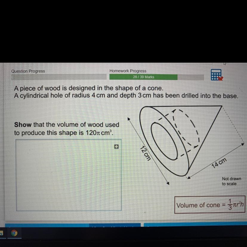 A piece of wood is designed in the same of a cone. a cylindrical hole of radius 4cm-example-1