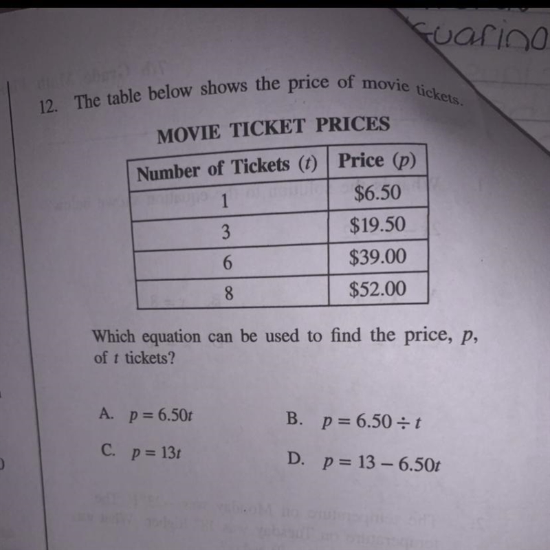 The table below shows the price of movie tickets. Which equation can be used to find-example-1