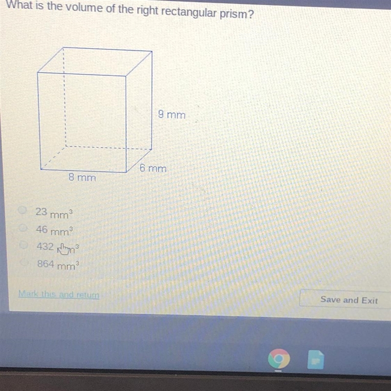 What is the volume of the right rectangular prism? 9 mm ווווןןם 8 mm 23 mm 46 mm NEED-example-1