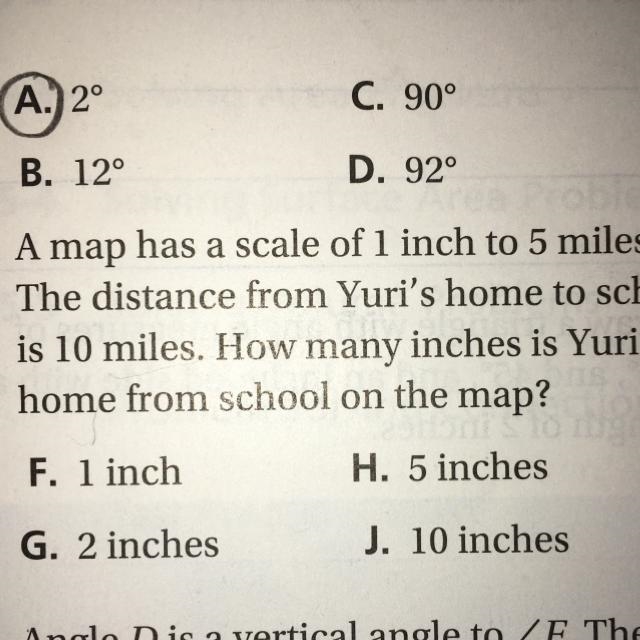 A map has a scake of 1 inch to 5 miles . The distance from Yuri’s home to school is-example-1