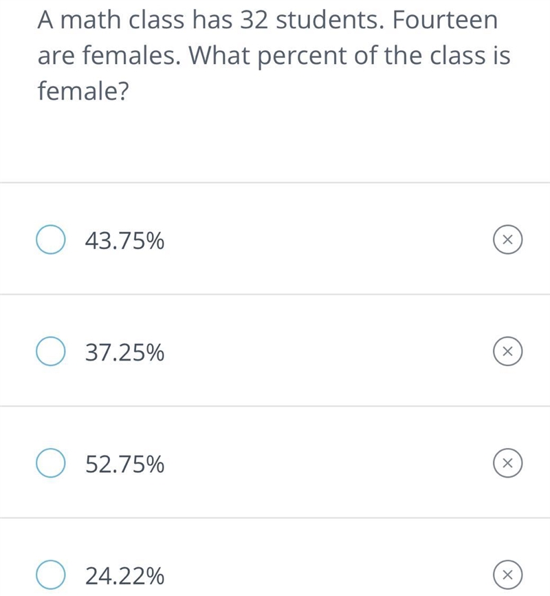 In a classroom of 32 students, 14 are female . What percentage of the class is male-example-1