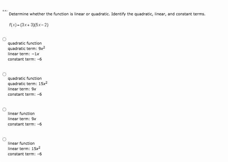 Determine whether the function is linear or quadratic. Identify the quadratic, linear-example-1