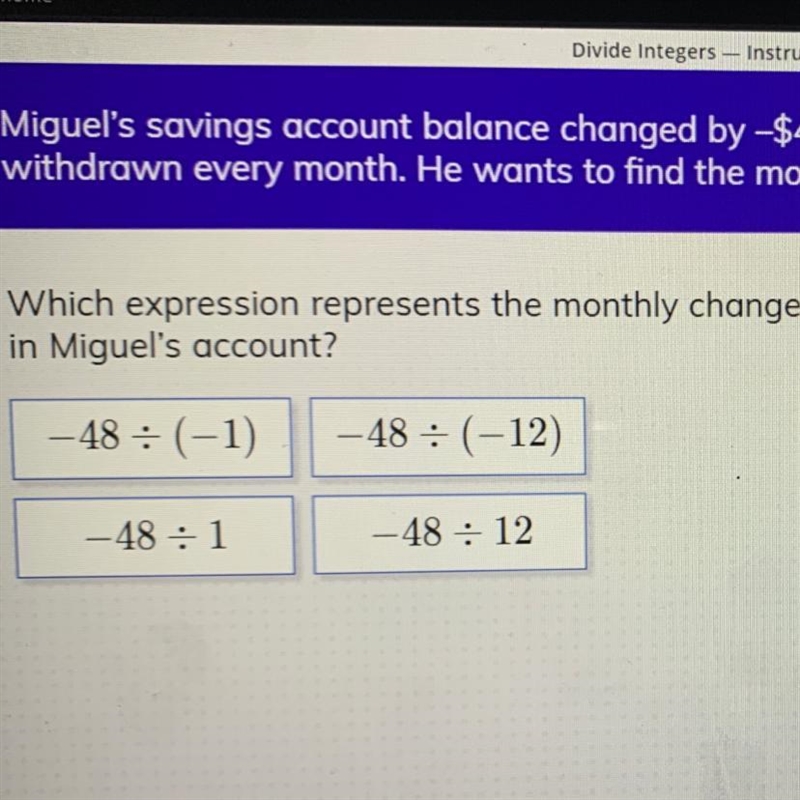 Miguel’s savings account balance changed by -$48 over a year because a banking fee-example-1