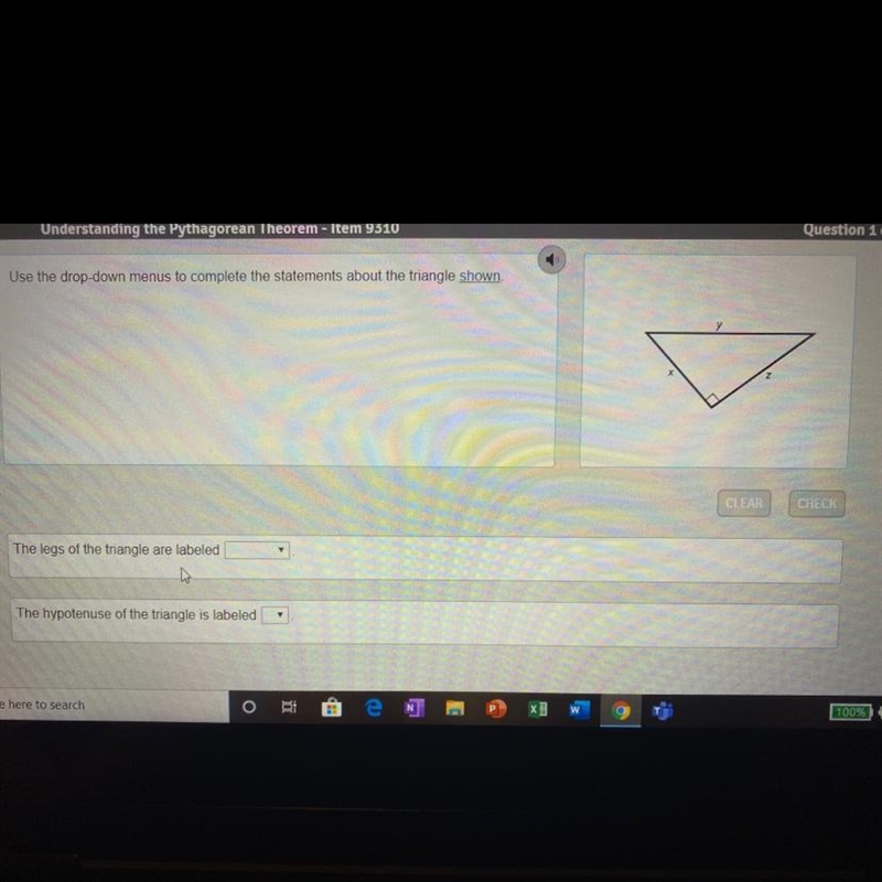 Use the drop-down menus to complete the statements about the triangle shown.-example-1