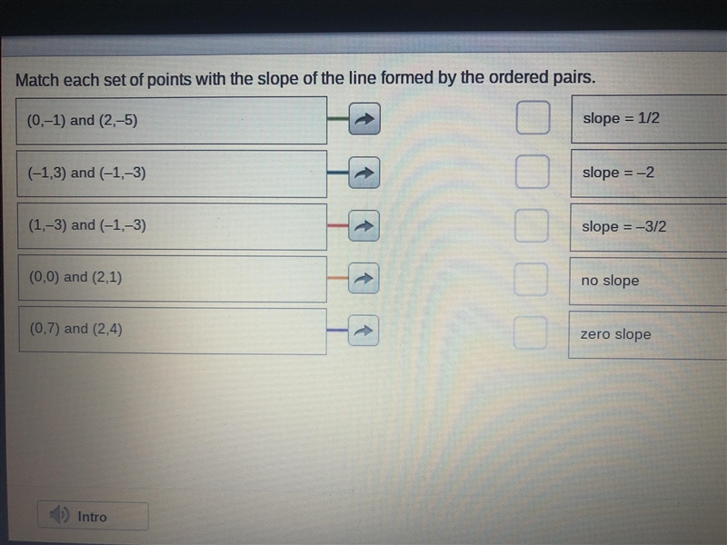 Match each set of points with the slope of the line formed by the orders pairs-example-1