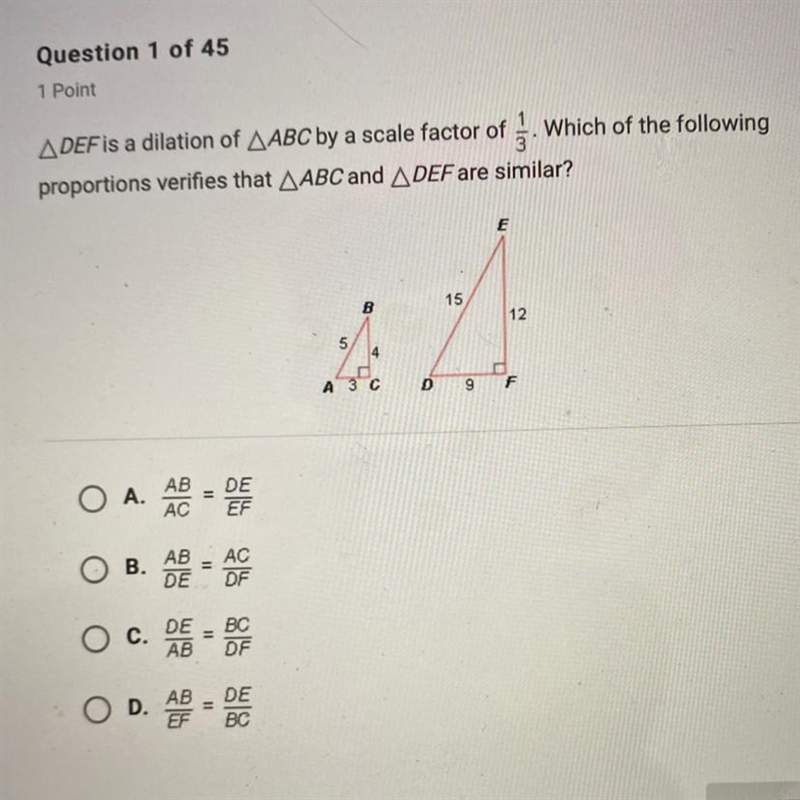 triangle DEF a dilation of triangle ABC by scale 1/3 Which of the following proportions-example-1