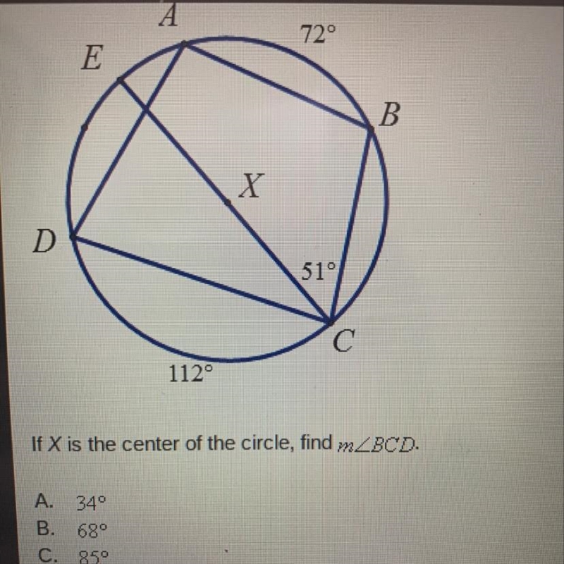 If x is the center of the circle, find m BCD-example-1