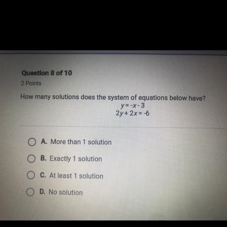 How many solutions does the system of equations below have? Y=-x-3 2y+2x=-6-example-1