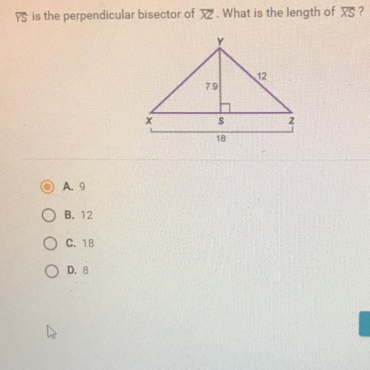 YS is the perpendicular bisector of x2. What is the length of ys? O A. 9 O B. 12 O-example-1