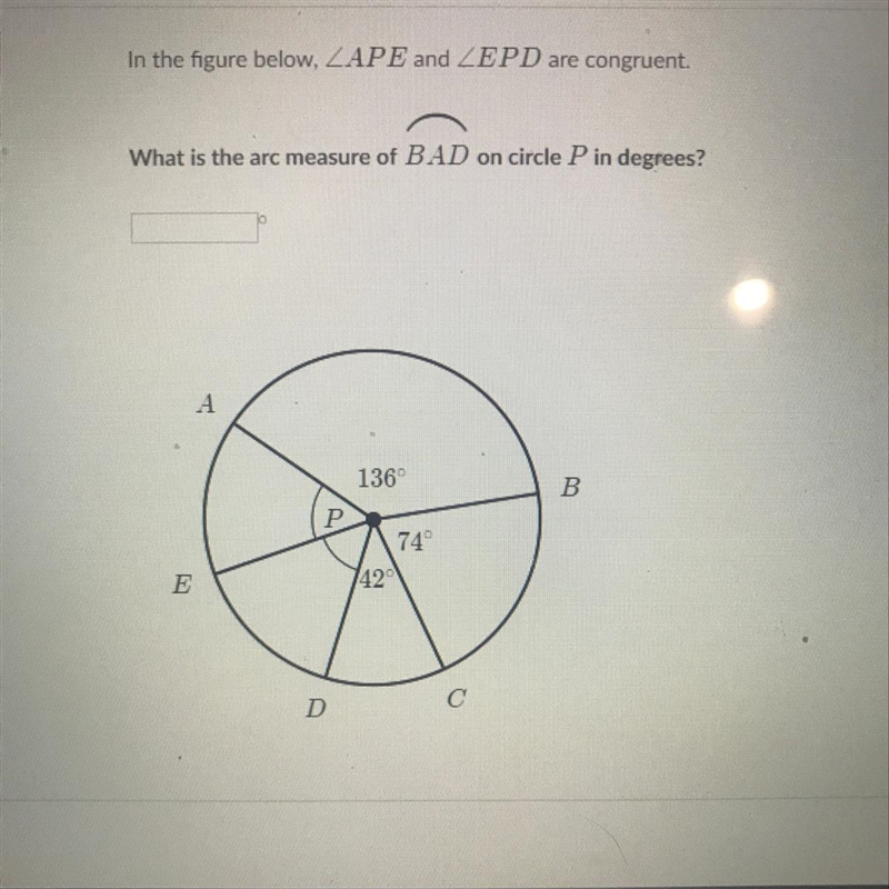 What is the arc measure of BAD on circle P in degrees?-example-1