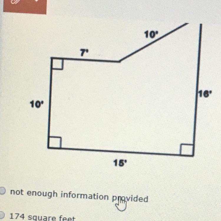 What is the area of the figure in square feet A: not enough info B: 174 square feet-example-1